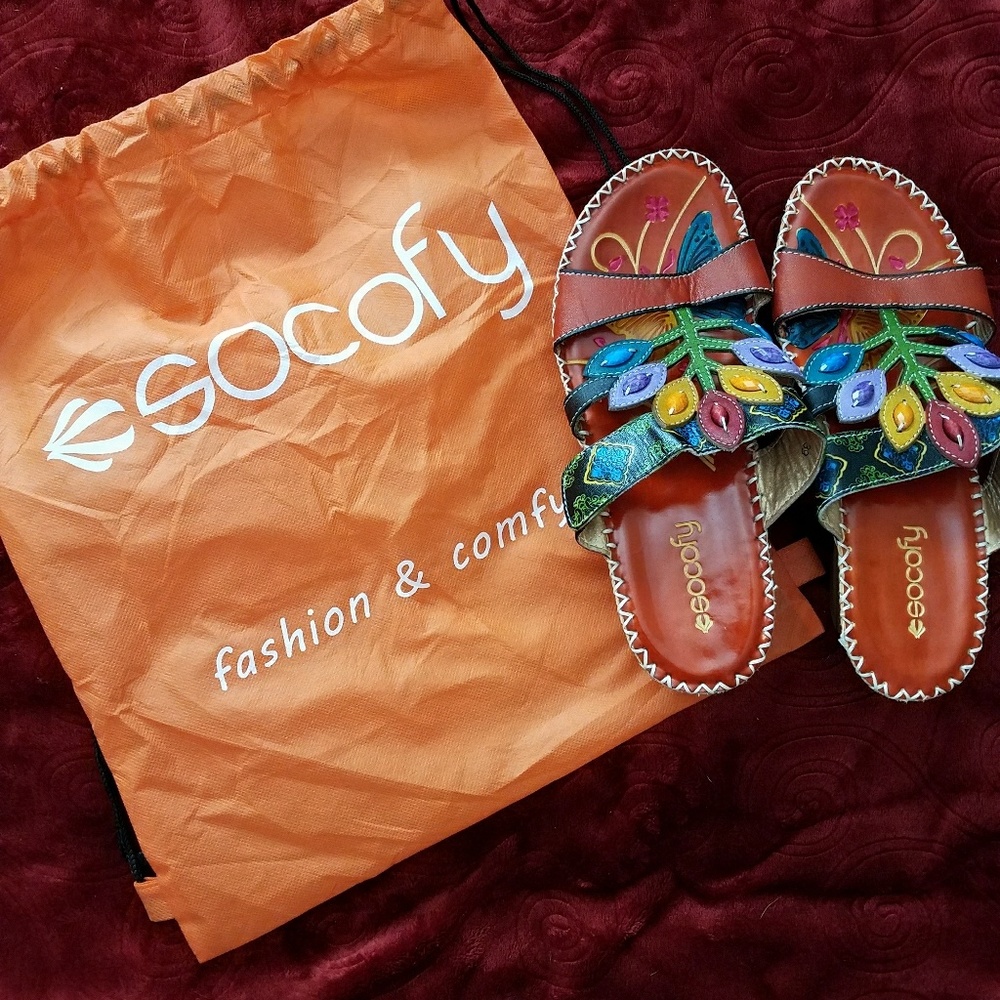Socofy ~ Bohemian, Peep-Toe, Leather Sandals